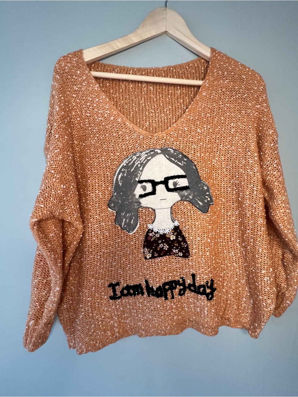 Korean brand Rust V-Neck Sweater with quirky Girl Graphic